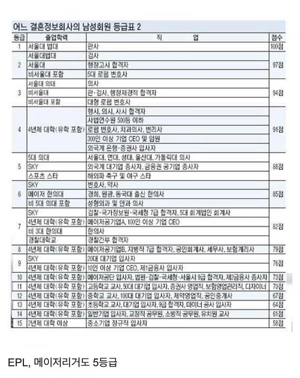 재미로 보는 결혼 정보회사의 남성회원 등급표