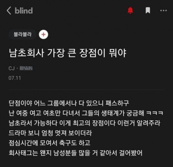 남초회사의 장점이 뭐야?.blind