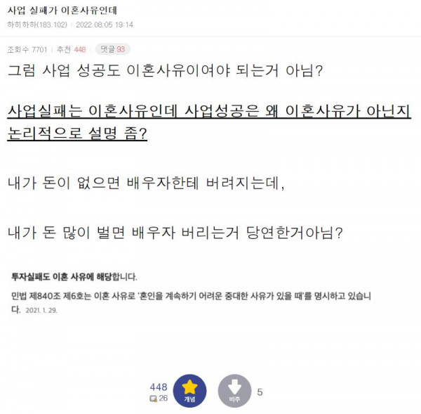 사업 실패가 이혼사유인데